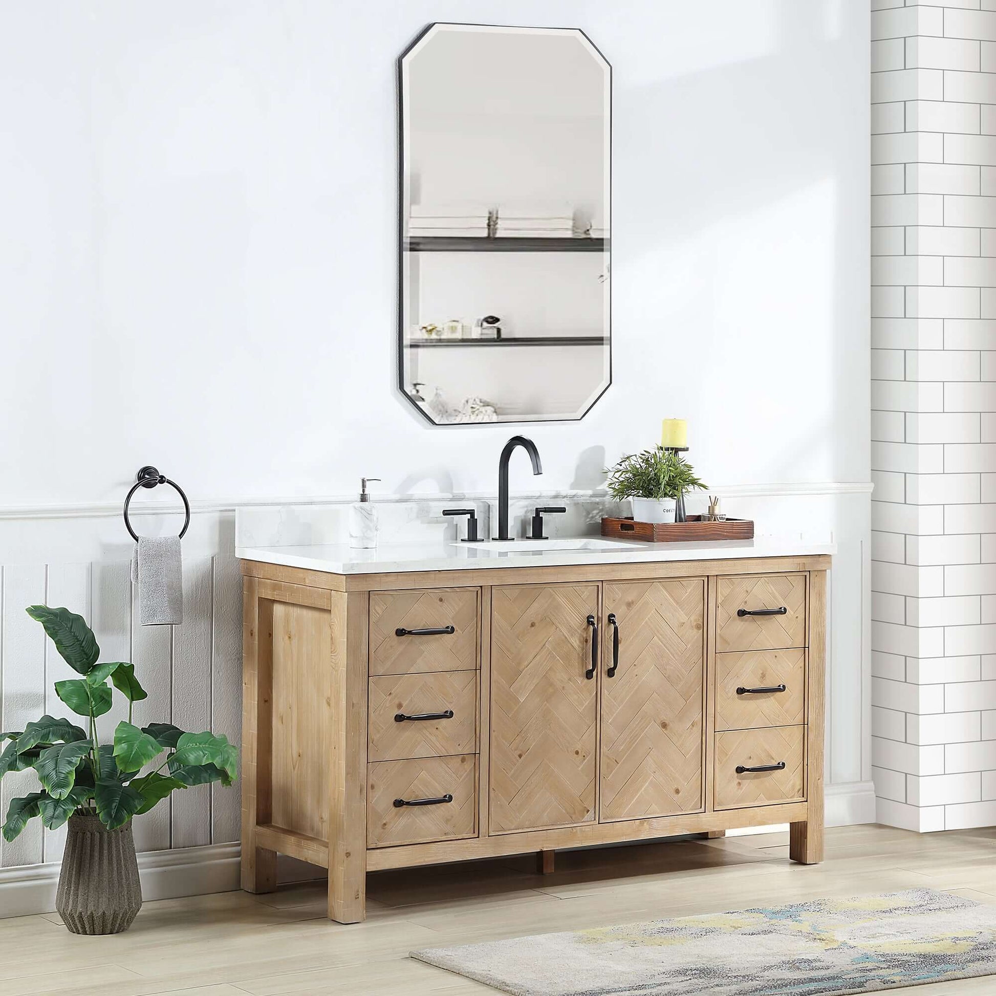 Vinnova Javier 60-inch free-standing single vanity in antique brown spruce with white grain composite top and mirror