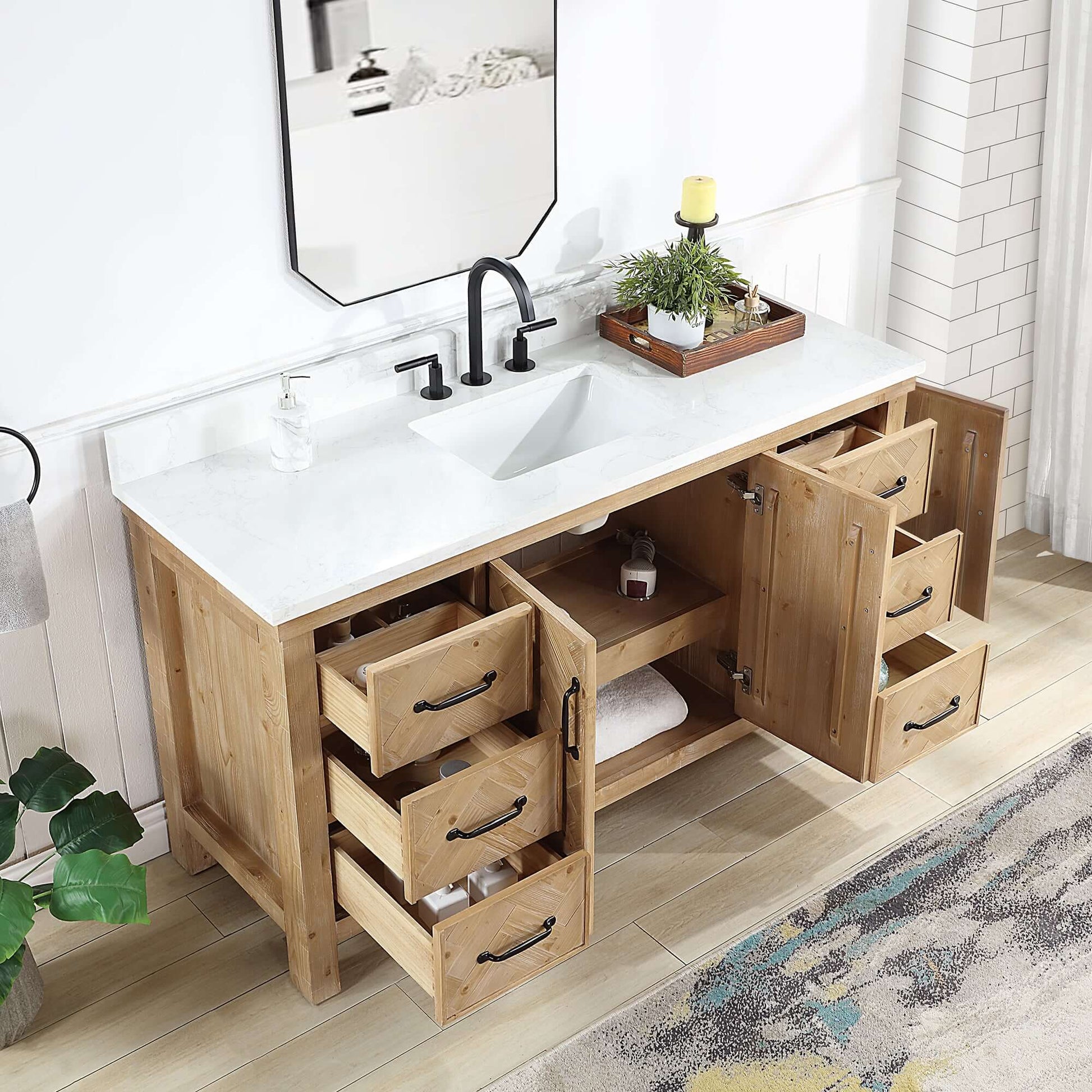 Vinnova Javier 60-inch free-standing single vanity in antique brown spruce with white grain composite top and mirror
