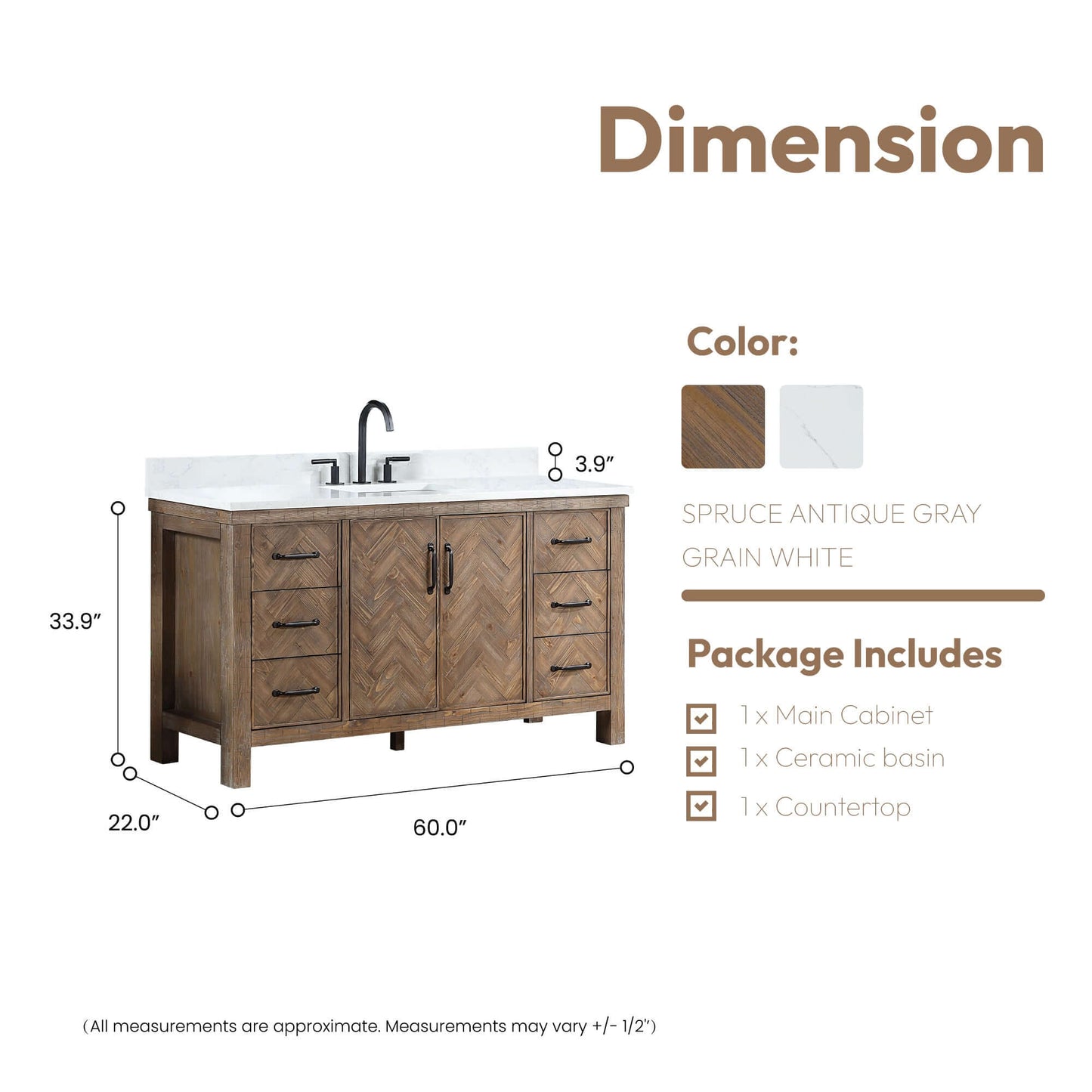 Vinnova Javier 60-inch free-standing single vanity in antique gray spruce with white grain composite top