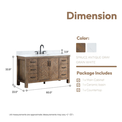 Vinnova Javier 60-inch free-standing single vanity in antique gray spruce with white grain composite top