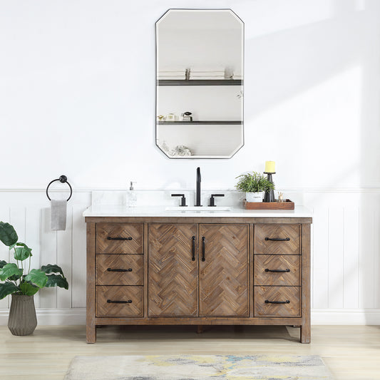 Vinnova, Javier 60" Free-standing Single Bath Vanity in Spruce Antique Gray with White Grain Composite Stone Top and Mirror