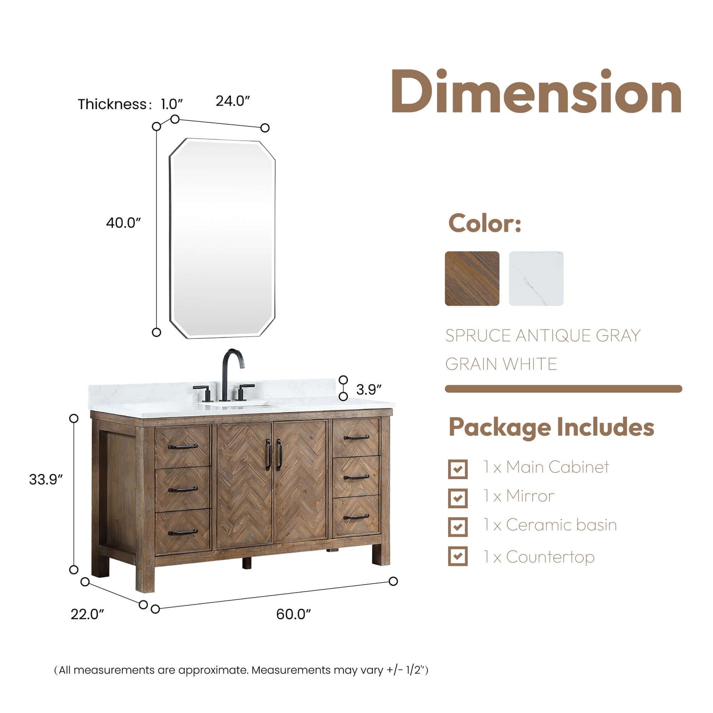 Vinnova Javier 60-inch free-standing single vanity in antique gray spruce with white grain composite top and mirror