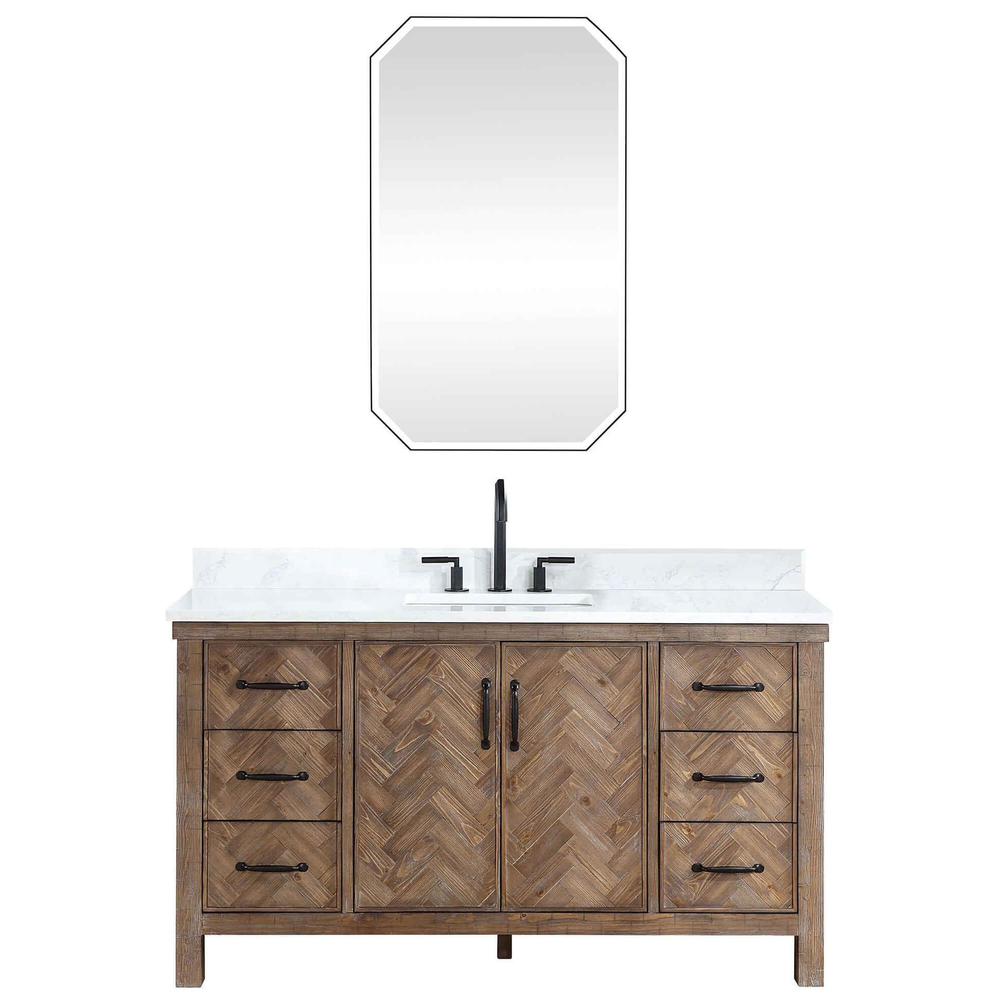 Vinnova Javier 60-inch free-standing single vanity in antique gray spruce with white grain composite top and mirror