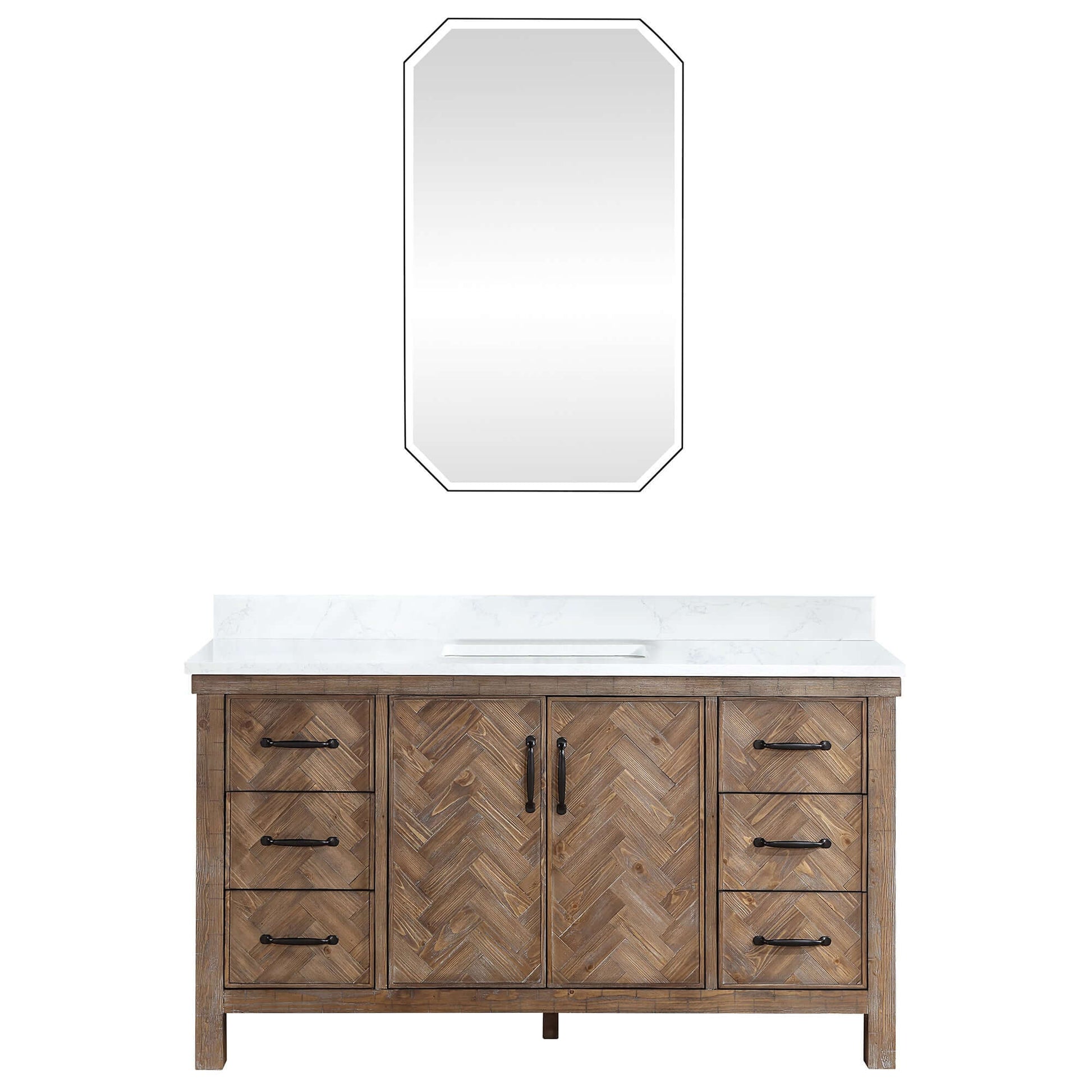 Vinnova Javier 60-inch free-standing single vanity in antique gray spruce with white grain composite top and mirror