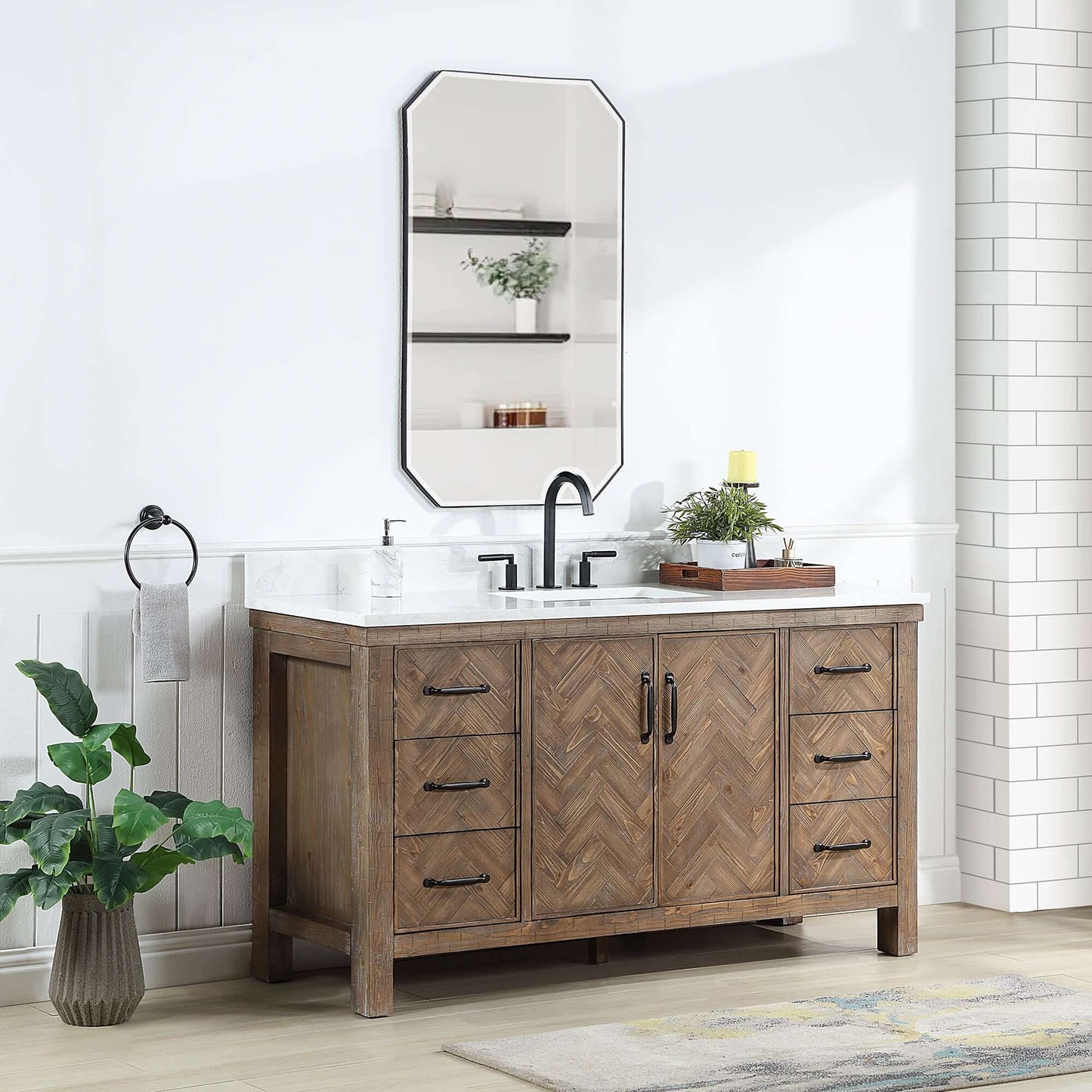 Vinnova Javier 60-inch free-standing single vanity in antique gray spruce with white grain composite top and mirror