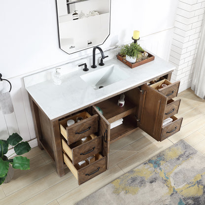 Vinnova, Javier 60" Free-standing Single Bath Vanity in Spruce Antique Gray with White Grain Composite Stone Top and Mirror