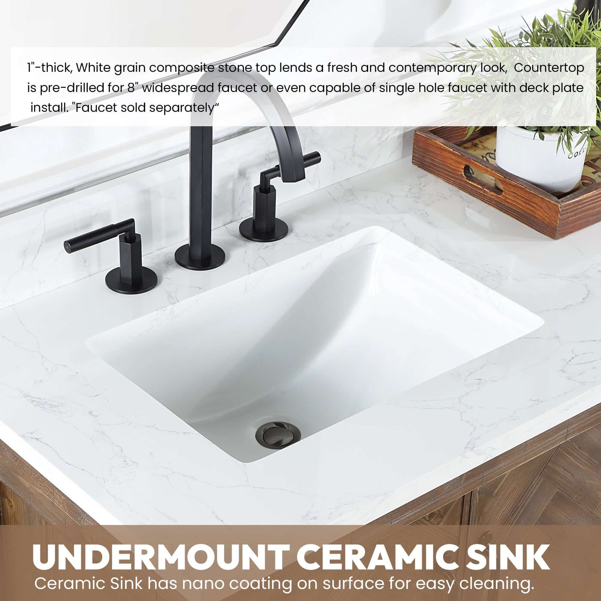 Vinnova Javier 60-inch free-standing single vanity in antique gray spruce with white grain composite top and mirror