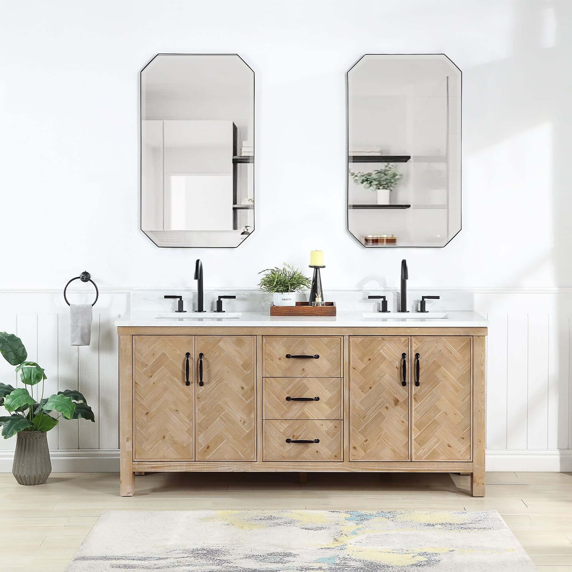 Vinnova Javier 72-inch free-standing double vanity in antique brown spruce with white grain composite top