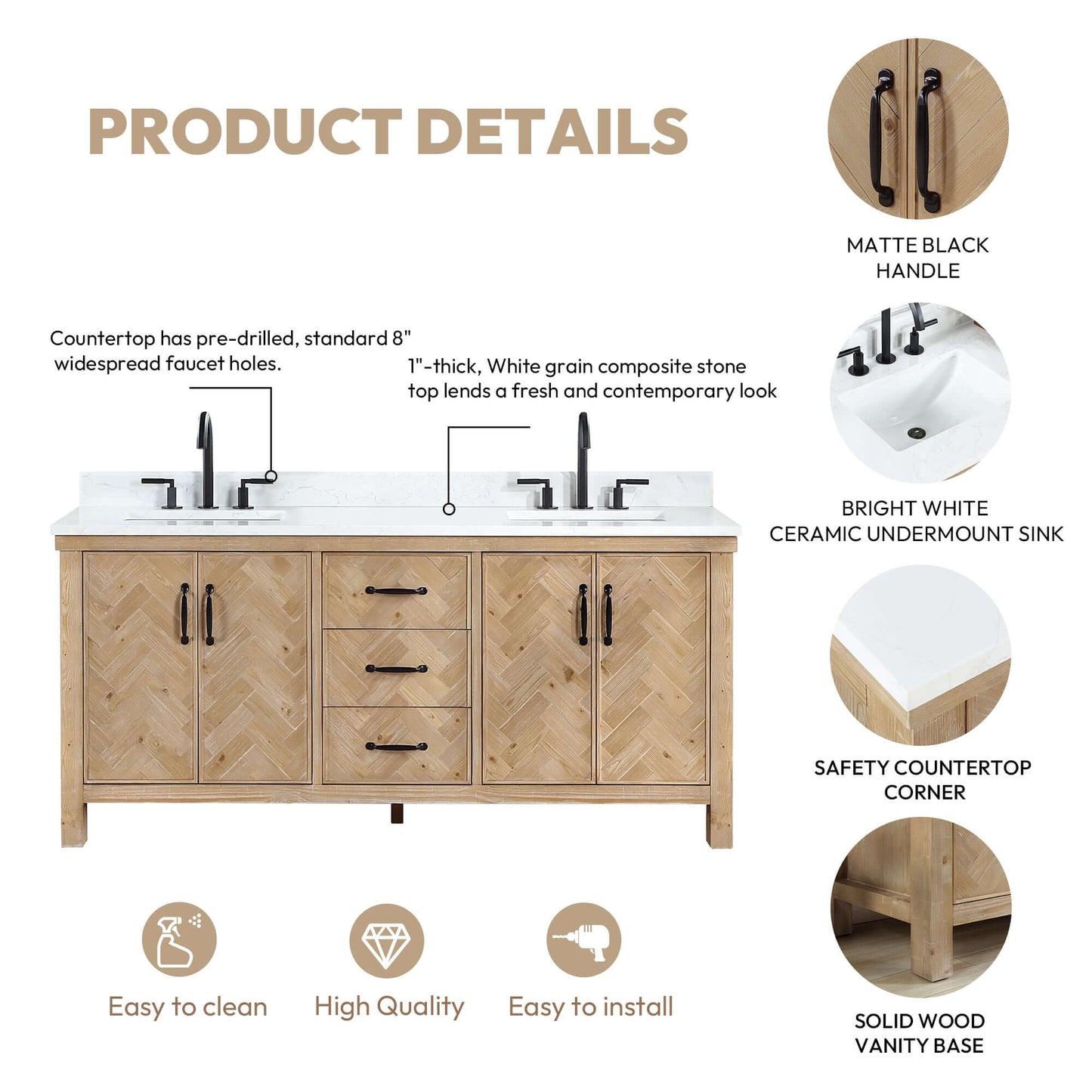 Vinnova Javier 72-inch free-standing double vanity in antique brown spruce with white grain composite top