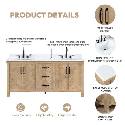 Vinnova Javier 72-inch free-standing double vanity in antique brown spruce with white grain composite top