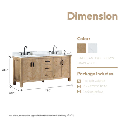 Vinnova Javier 72-inch free-standing double vanity in antique brown spruce with white grain composite top