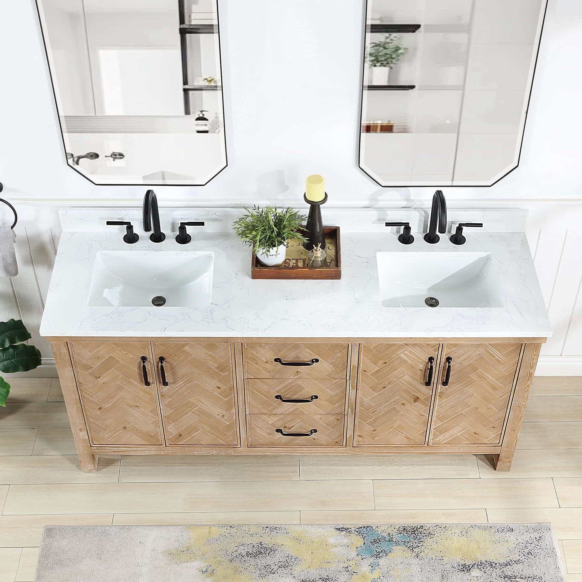 Vinnova Javier 72-inch free-standing double vanity in antique brown spruce with white grain composite top