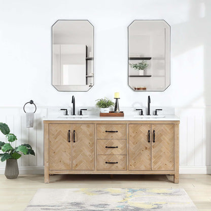 Vinnova Javier 72-inch free-standing double vanity in antique brown spruce with white grain composite top and mirror