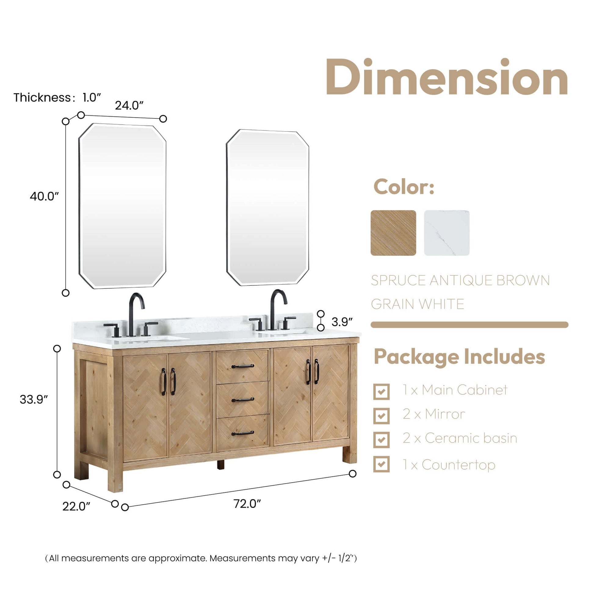 Vinnova Javier 72-inch free-standing double vanity in antique brown spruce with white grain composite top and mirror