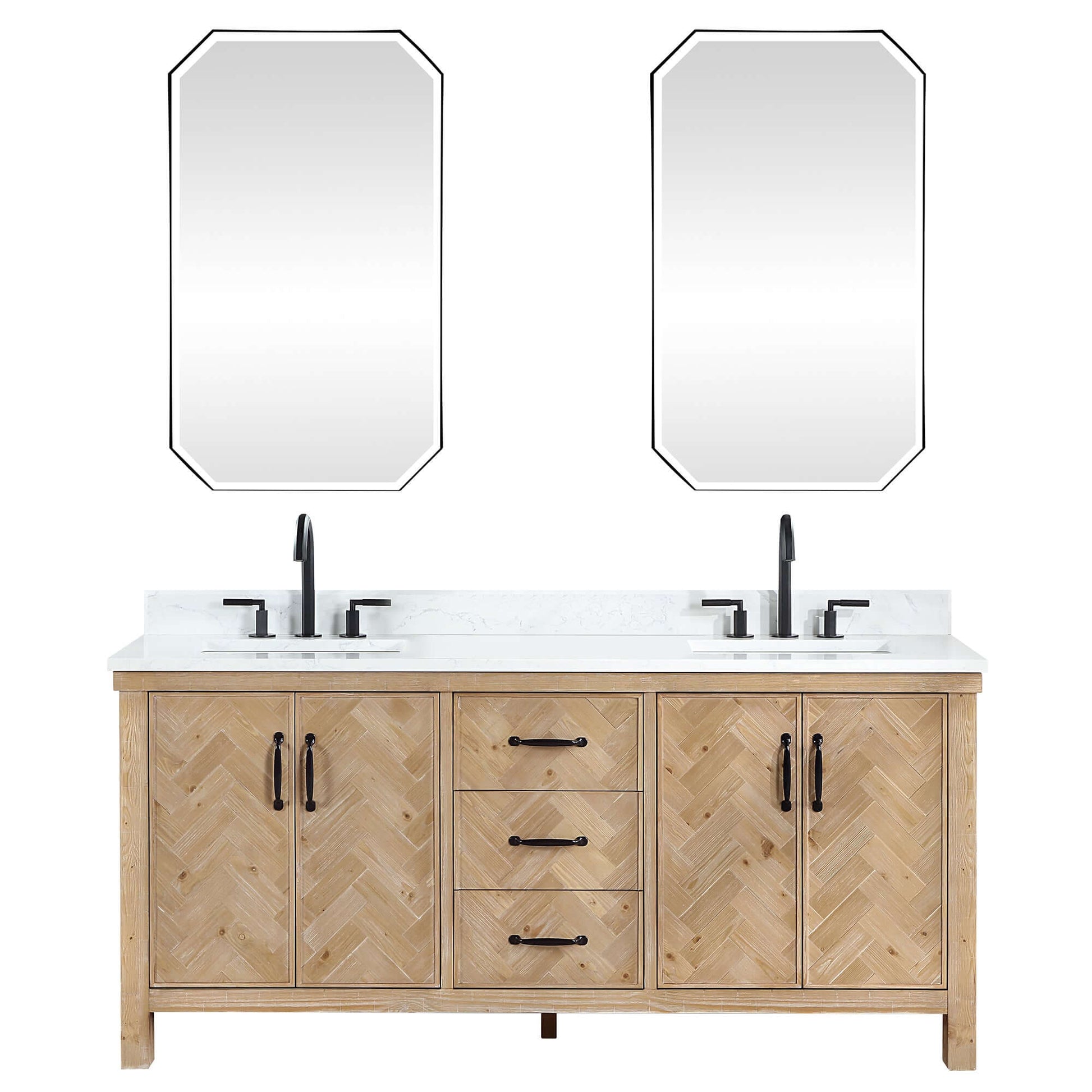 Vinnova Javier 72-inch free-standing double vanity in antique brown spruce with white grain composite top and mirror