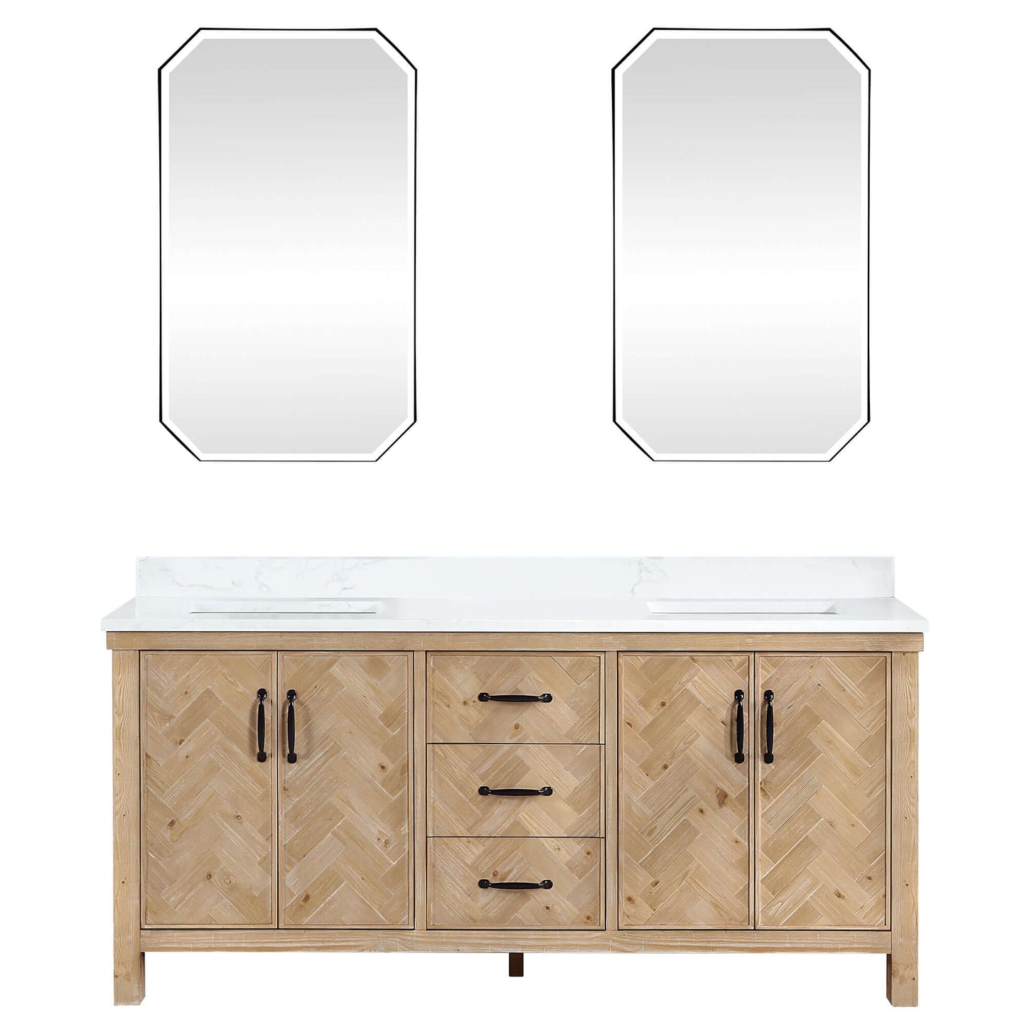 Vinnova Javier 72-inch free-standing double vanity in antique brown spruce with white grain composite top and mirror
