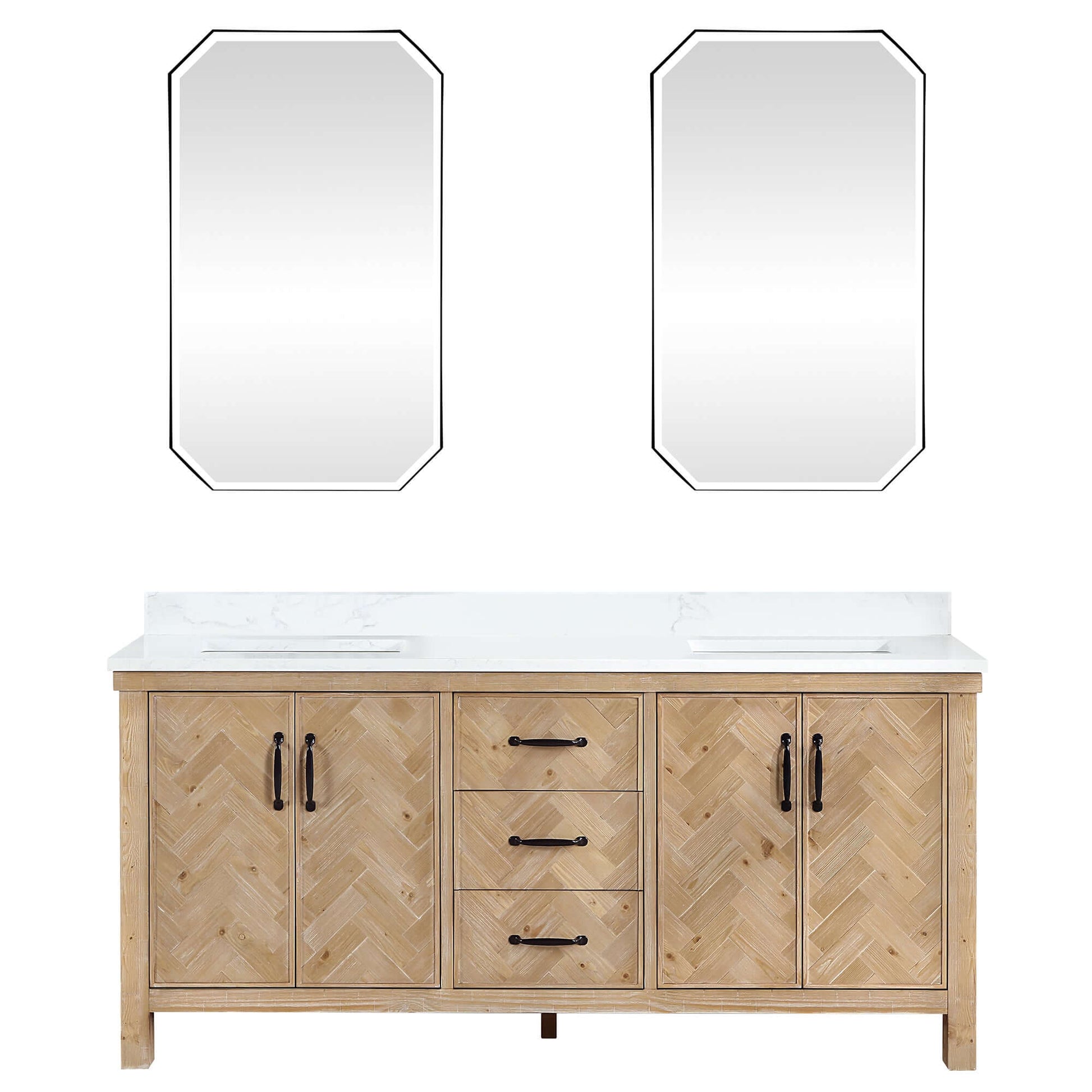 Vinnova Javier 72-inch free-standing double vanity in antique brown spruce with white grain composite top and mirror