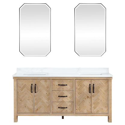 Vinnova Javier 72-inch free-standing double vanity in antique brown spruce with white grain composite top and mirror