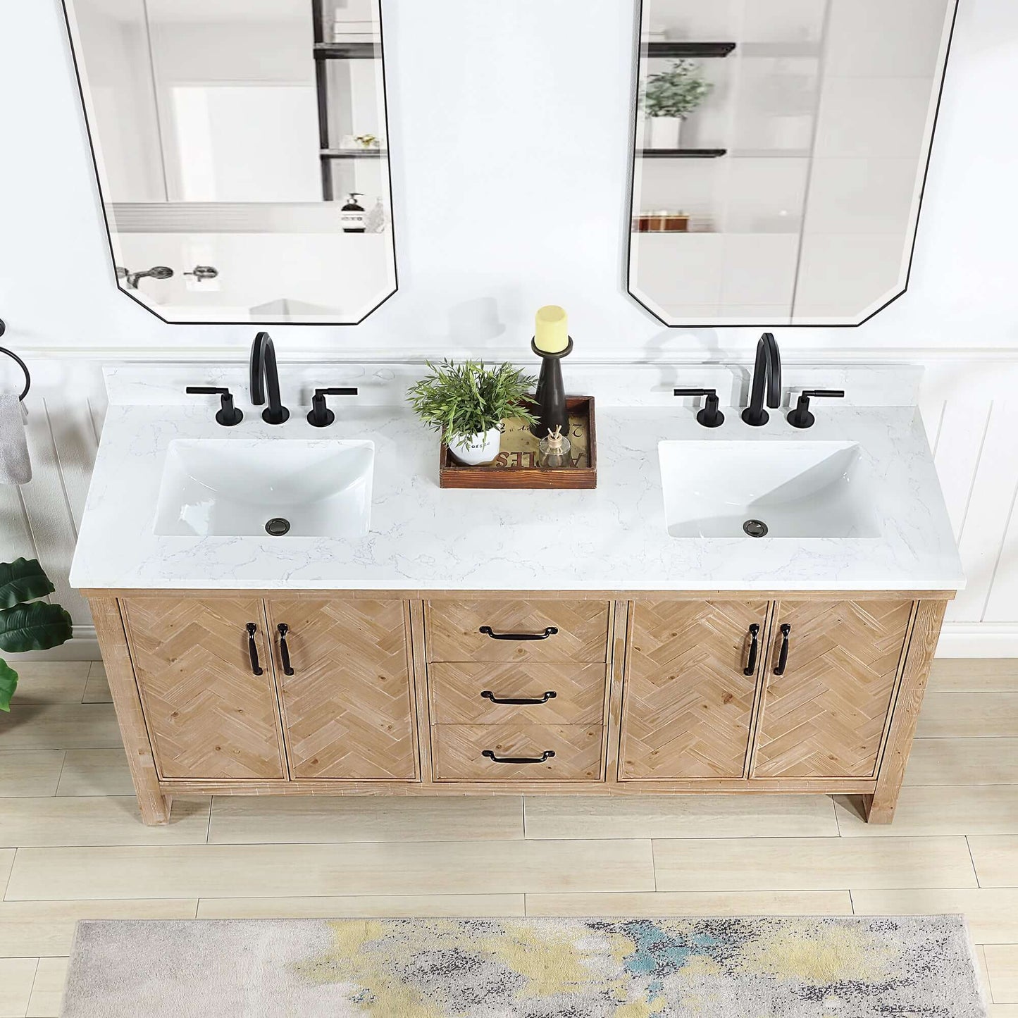 Vinnova Javier 72-inch free-standing double vanity in antique brown spruce with white grain composite top and mirror