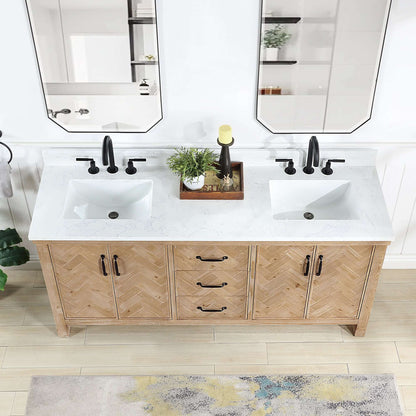 Vinnova Javier 72-inch free-standing double vanity in antique brown spruce with white grain composite top and mirror