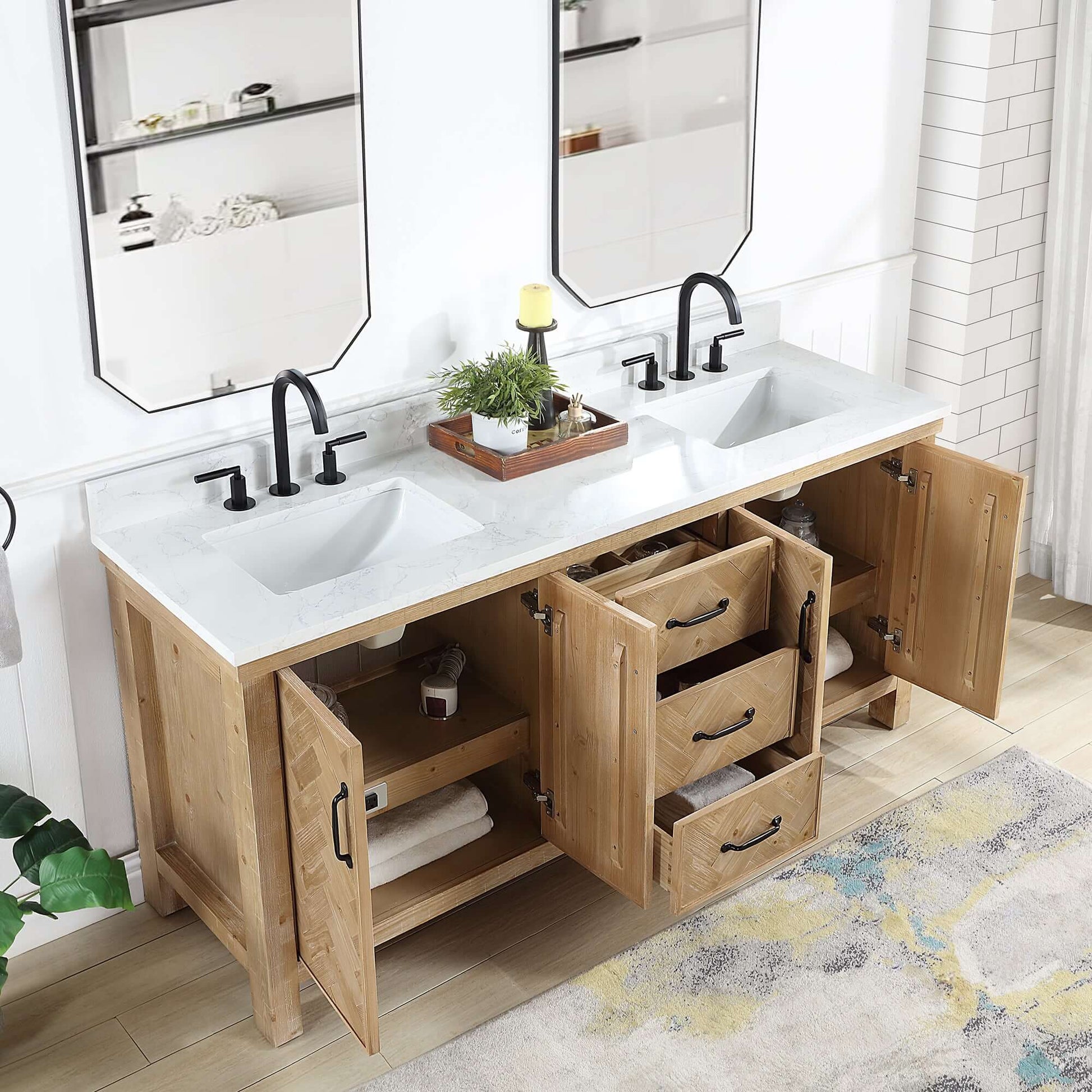 Vinnova Javier 72-inch free-standing double vanity in antique brown spruce with white grain composite top and mirror