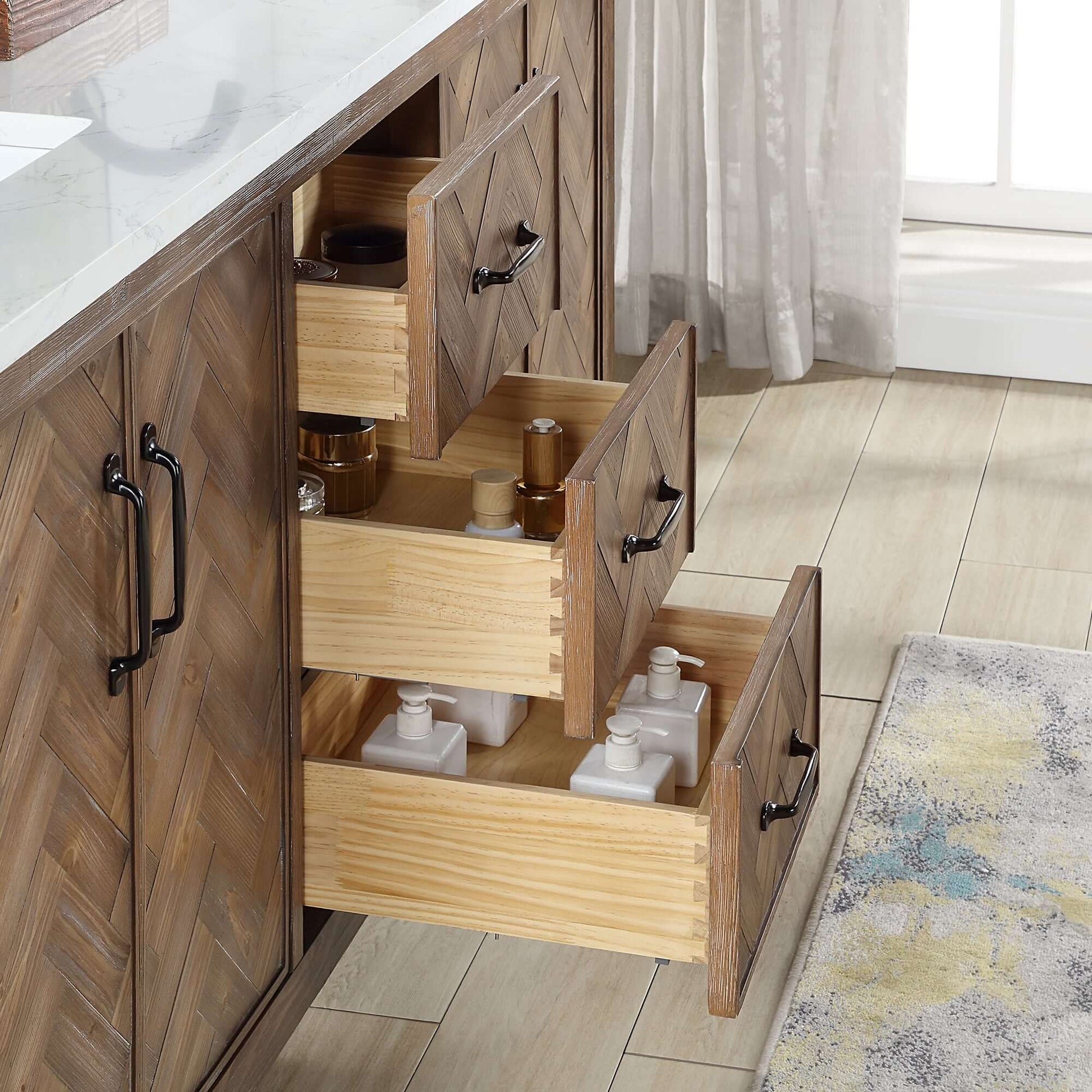 Vinnova Javier 72-inch free-standing double vanity in antique gray spruce with white grain composite top