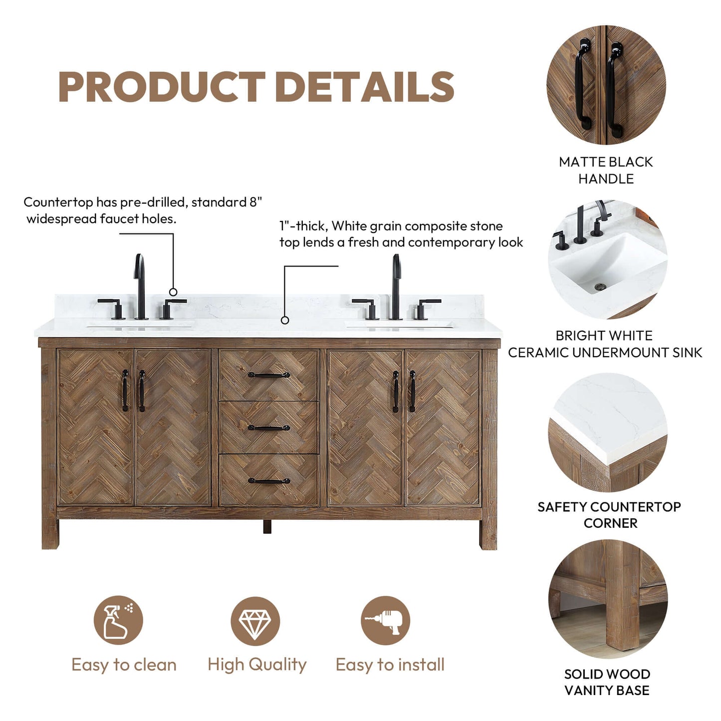 Vinnova Javier 72-inch free-standing double vanity in antique gray spruce with white grain composite top