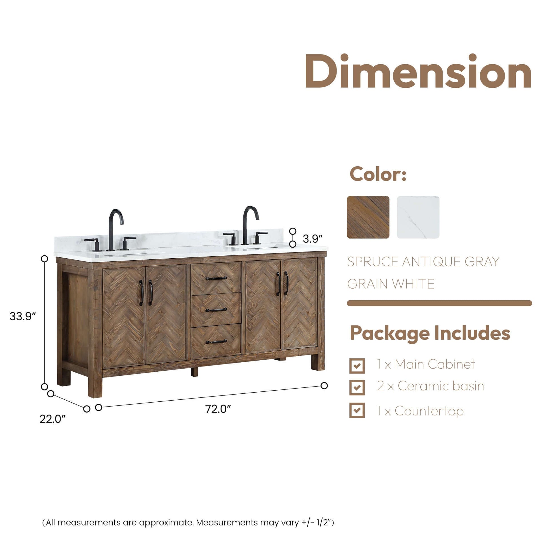 Vinnova Javier 72-inch free-standing double vanity in antique gray spruce with white grain composite top