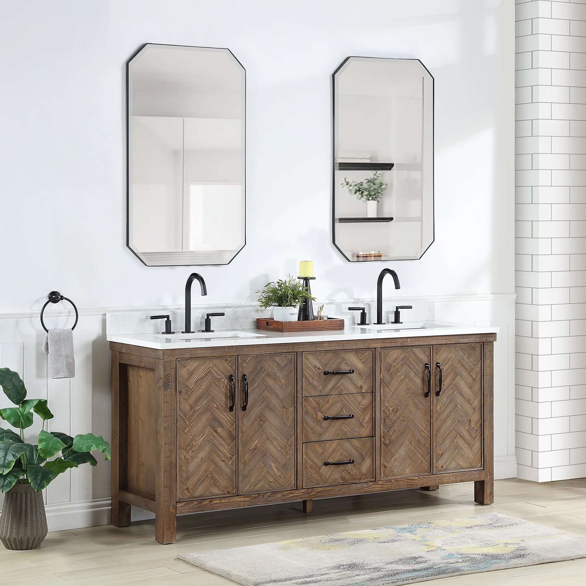 Vinnova Javier 72-inch free-standing double vanity in antique gray spruce with white grain composite top