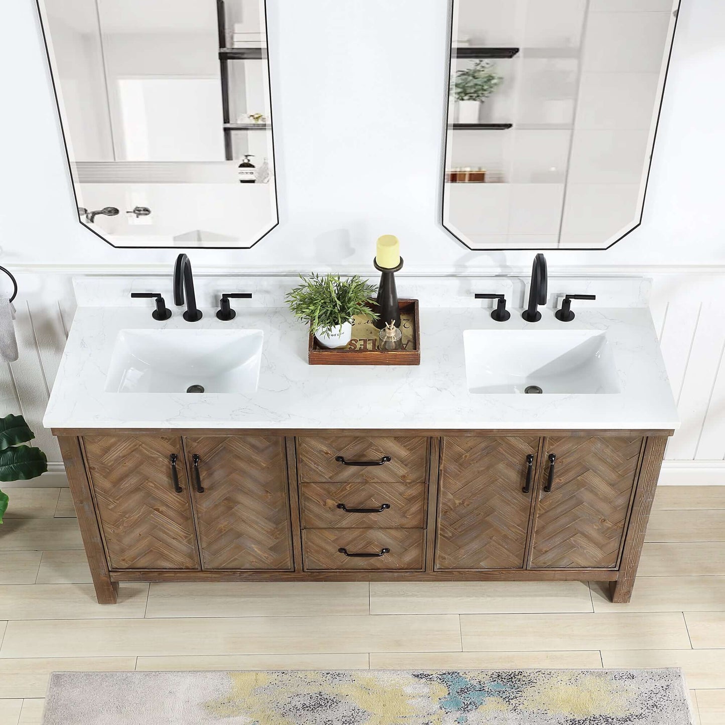 Vinnova Javier 72-inch free-standing double vanity in antique gray spruce with white grain composite top
