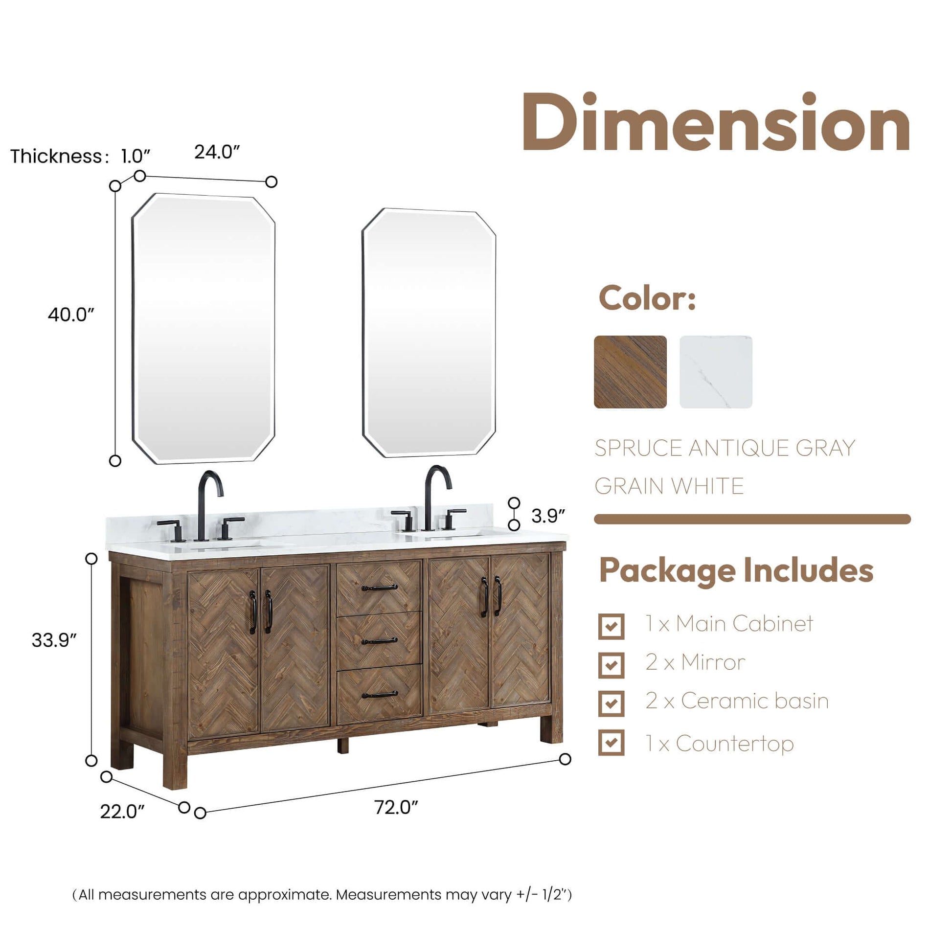 Vinnova Javier 72-inch free-standing double vanity in antique gray spruce with white grain composite top and mirror