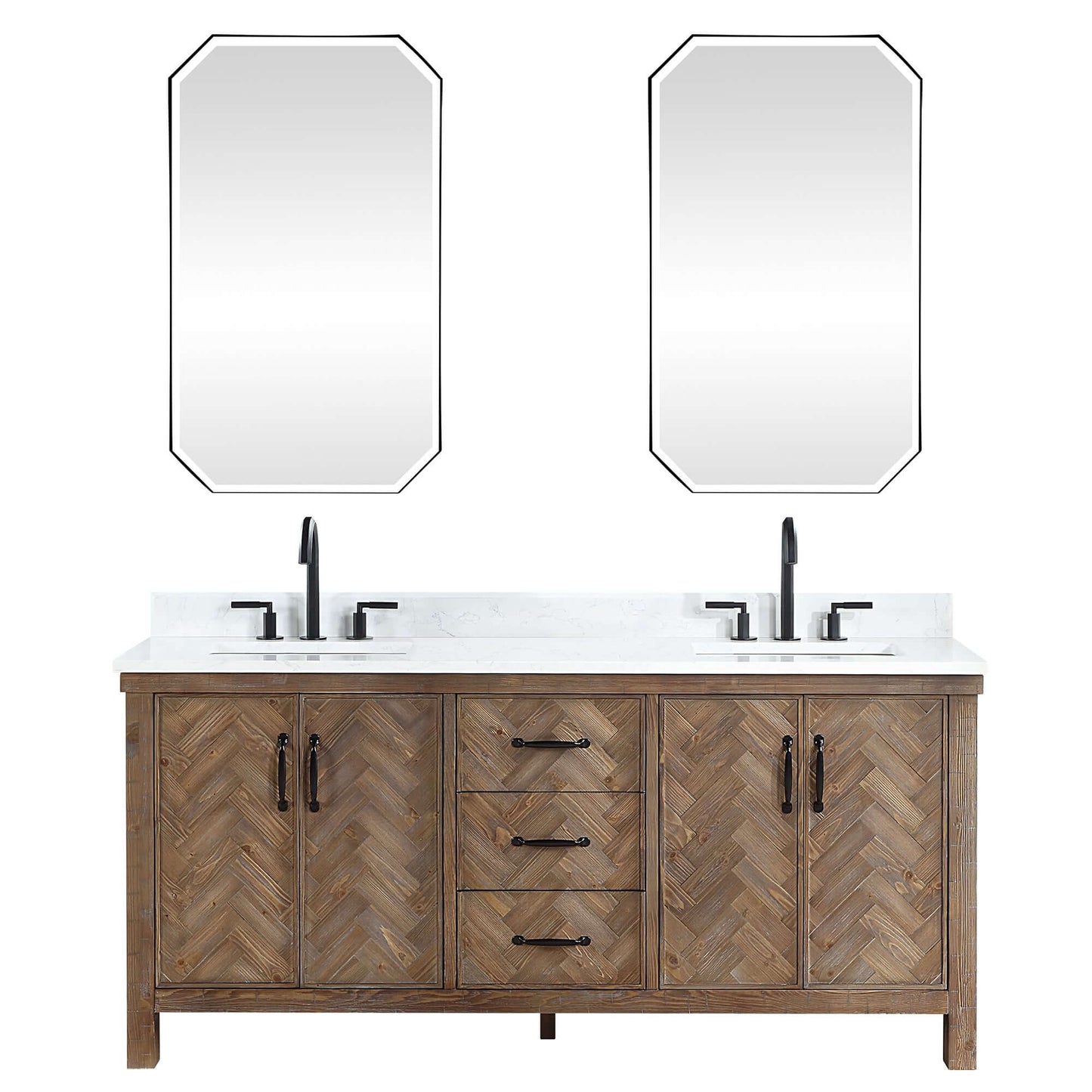 Vinnova Javier 72-inch free-standing double vanity in antique gray spruce with white grain composite top and mirror