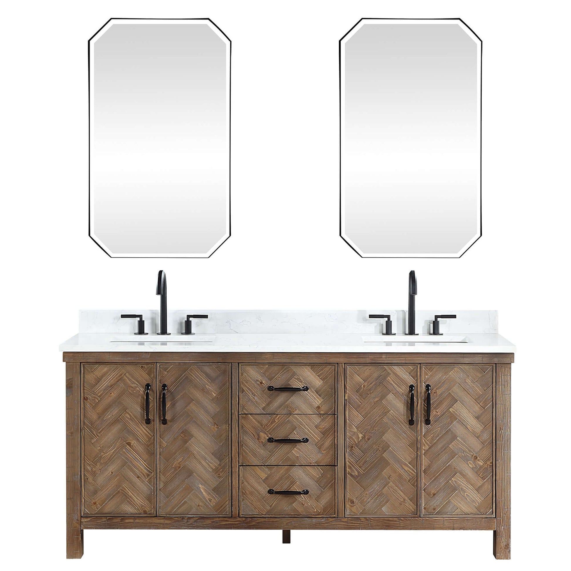 Vinnova Javier 72-inch free-standing double vanity in antique gray spruce with white grain composite top and mirror
