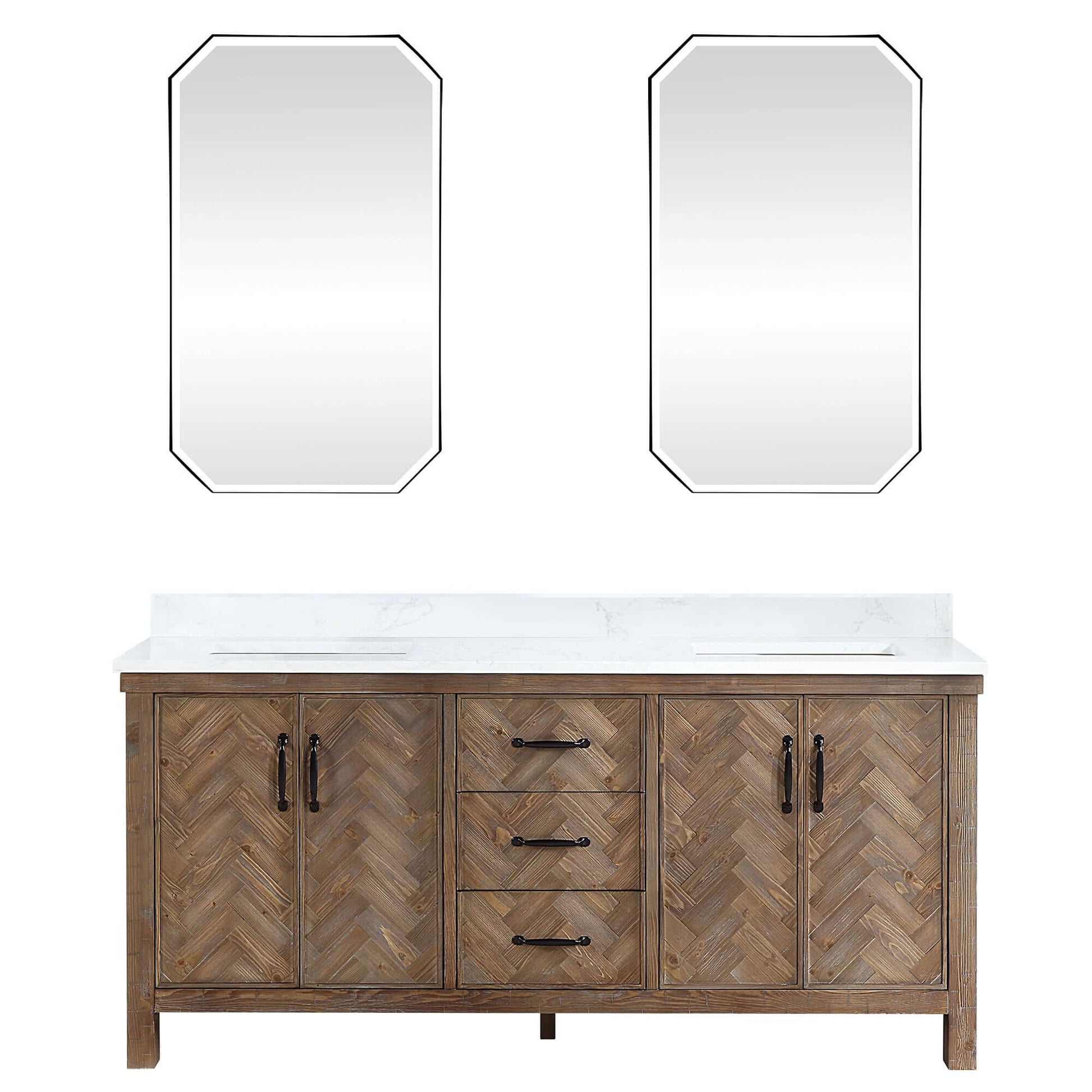 Vinnova Javier 72-inch free-standing double vanity in antique gray spruce with white grain composite top and mirror