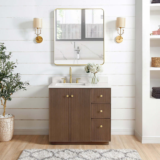 Vinnova Oza 36-inch free-standing single vanity in aged dark brown oak with white quartz stone top and mirror