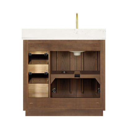 Vinnova Oza 36-inch free-standing single vanity in aged dark brown oak with white quartz stone top and mirror