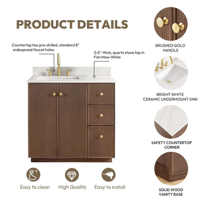 Vinnova Oza 36-inch free-standing single vanity in aged dark brown oak with white quartz stone top and mirror