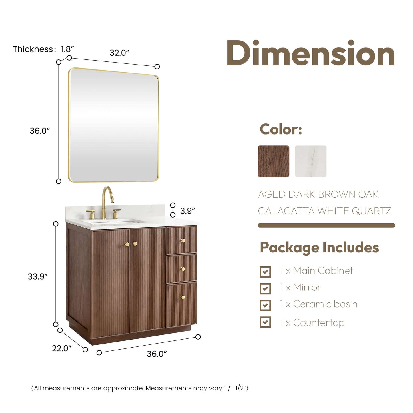 Vinnova Oza 36-inch free-standing single vanity in aged dark brown oak with white quartz stone top and mirror