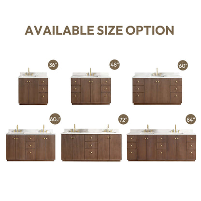 Vinnova Oza 36-inch free-standing single vanity in aged dark brown oak with white quartz stone top and mirror