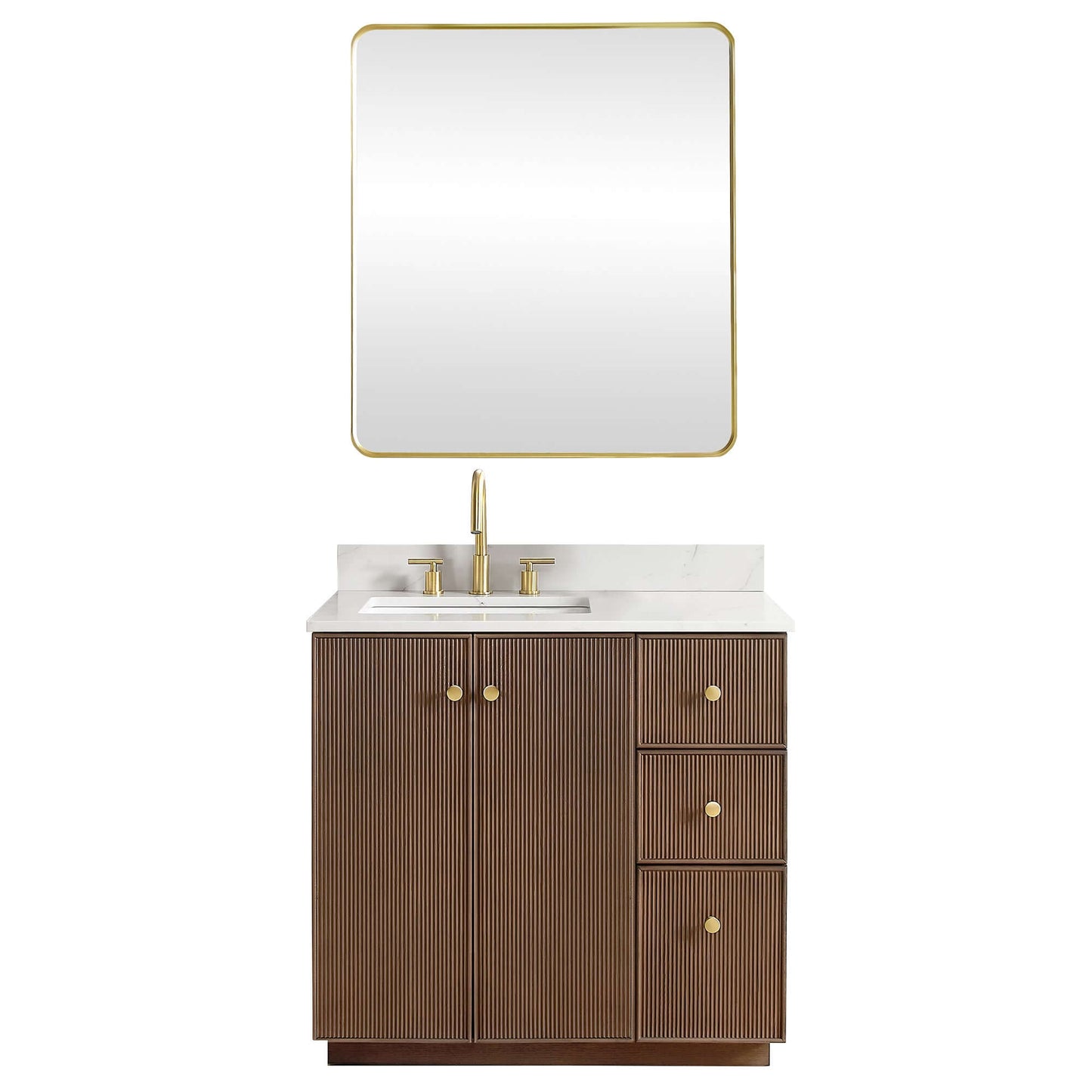 Vinnova Oza 36-inch free-standing single vanity in aged dark brown oak with white quartz stone top and mirror