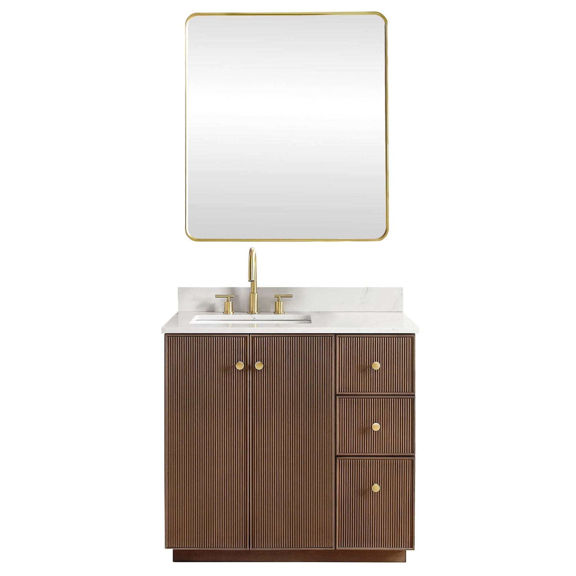 Vinnova Oza 36-inch free-standing single vanity in aged dark brown oak with white quartz stone top and mirror