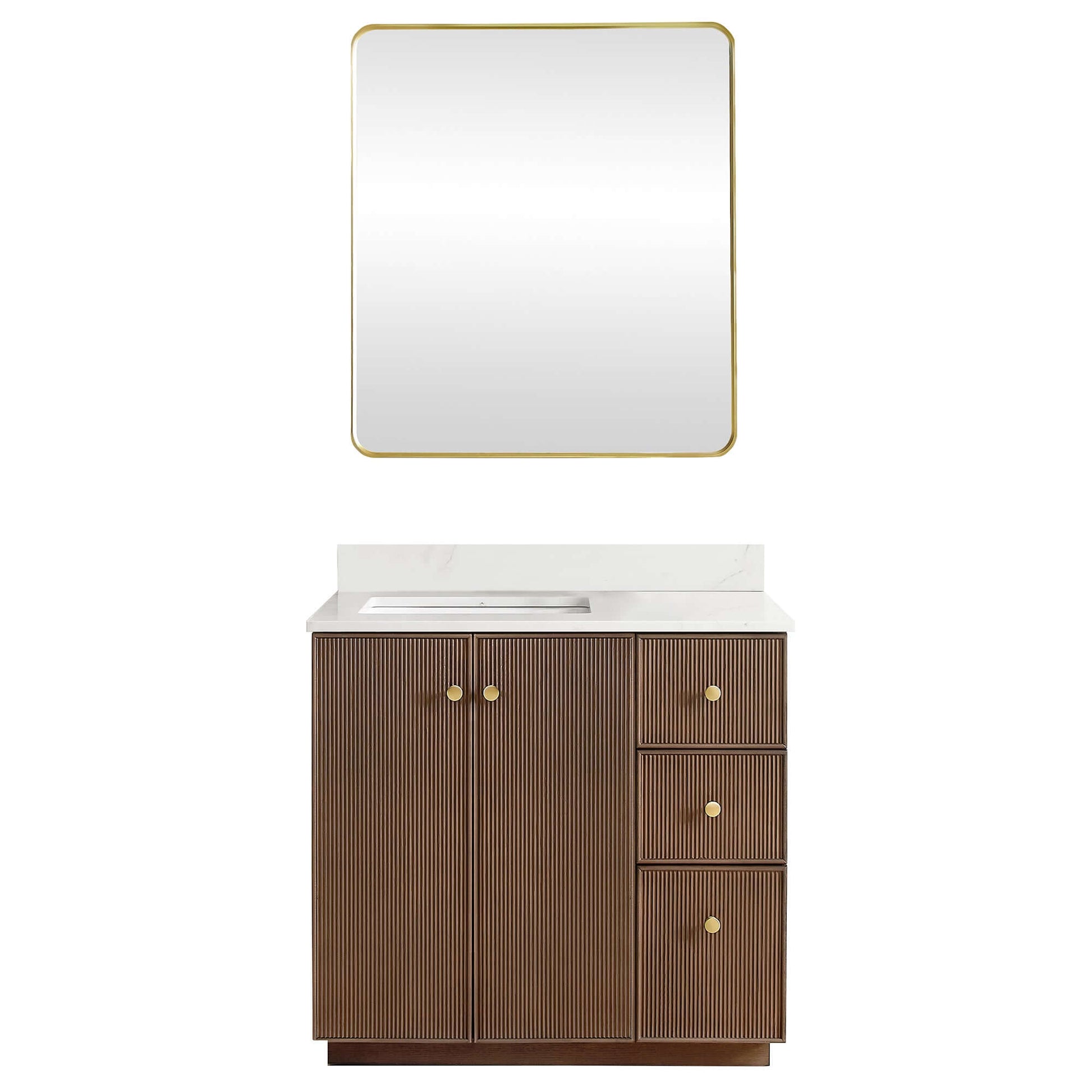 Vinnova Oza 36-inch free-standing single vanity in aged dark brown oak with white quartz stone top and mirror