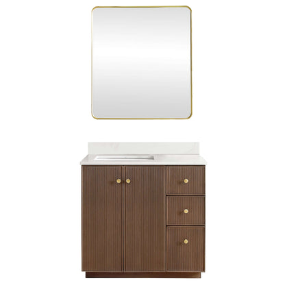 Vinnova Oza 36-inch free-standing single vanity in aged dark brown oak with white quartz stone top and mirror