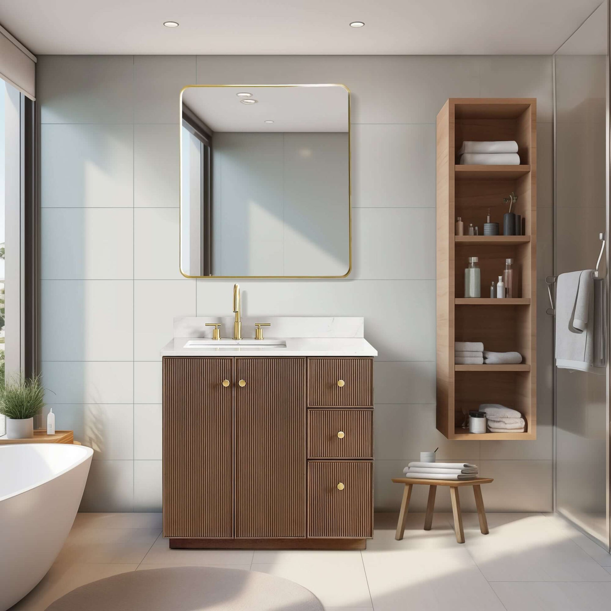 Vinnova Oza 36-inch free-standing single vanity in aged dark brown oak with white quartz stone top and mirror