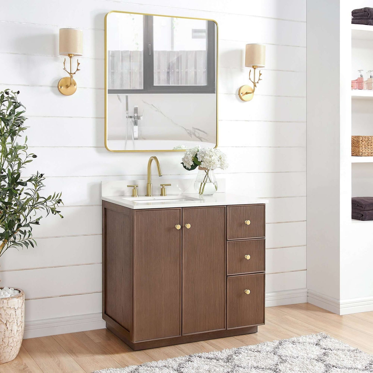 Vinnova Oza 36-inch free-standing single vanity in aged dark brown oak with white quartz stone top and mirror
