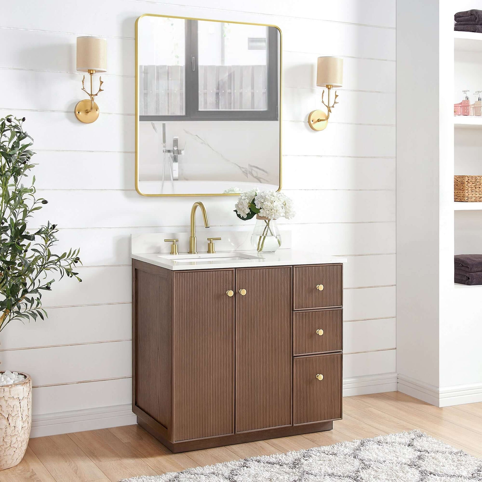 Vinnova Oza 36-inch free-standing single vanity in aged dark brown oak with white quartz stone top and mirror