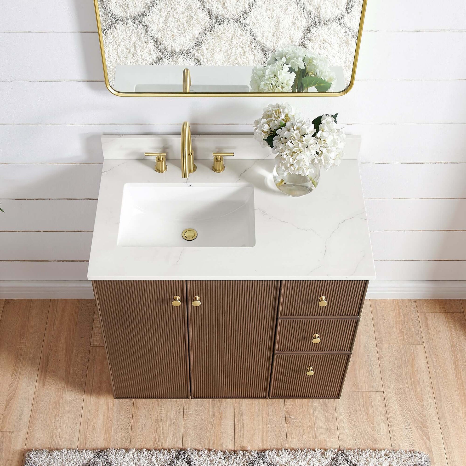 Vinnova Oza 36-inch free-standing single vanity in aged dark brown oak with white quartz stone top and mirror