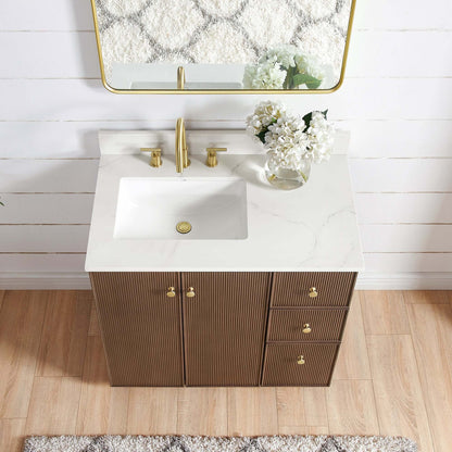 Vinnova Oza 36-inch free-standing single vanity in aged dark brown oak with white quartz stone top and mirror