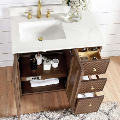 Vinnova Oza 36-inch free-standing single vanity in aged dark brown oak with white quartz stone top and mirror