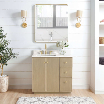Vinnova Oza 36-inch free-standing single vanity in aged natural oak with white quartz stone top